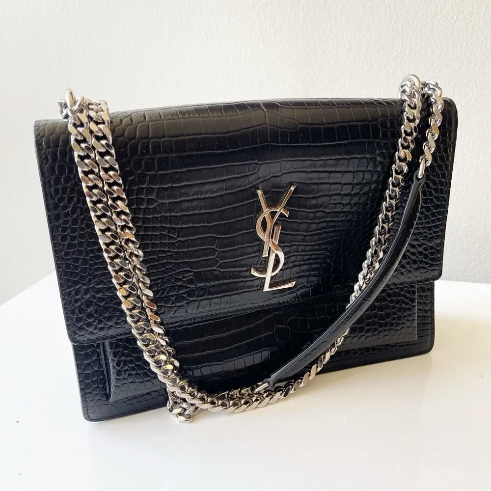YSL Calfskin Crocodile‎ Embossed Medium Monogram Black Authentic 100%